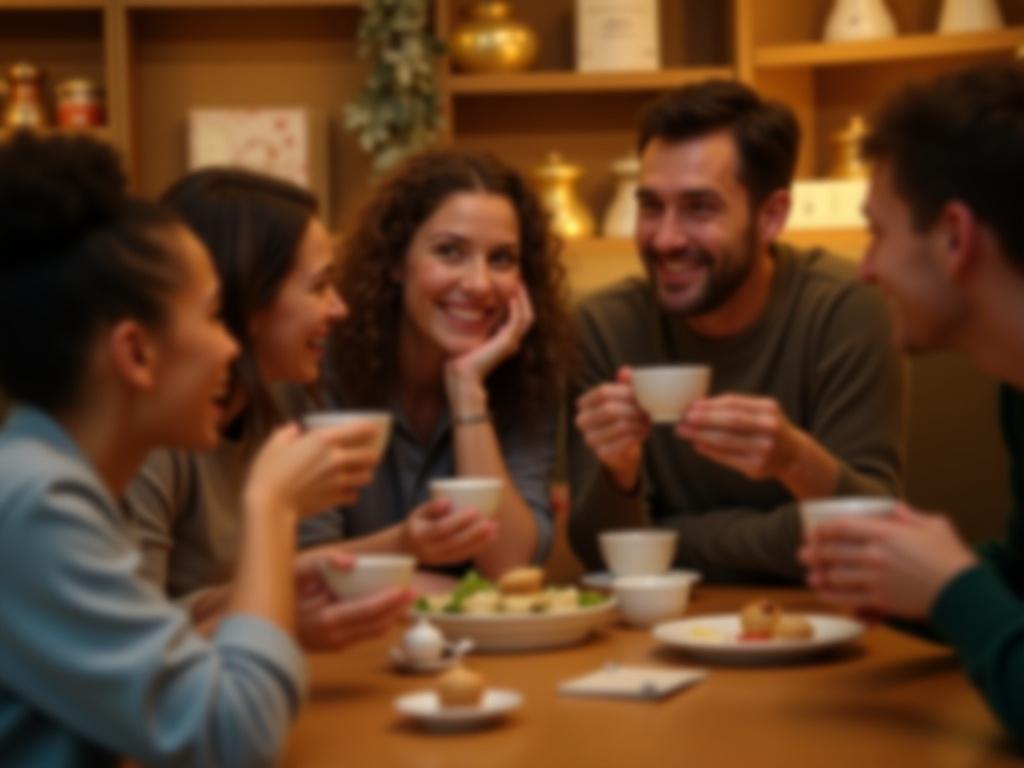 Mosolygós emberek beszélgetnek teázás közben egy hangulatos teaházban