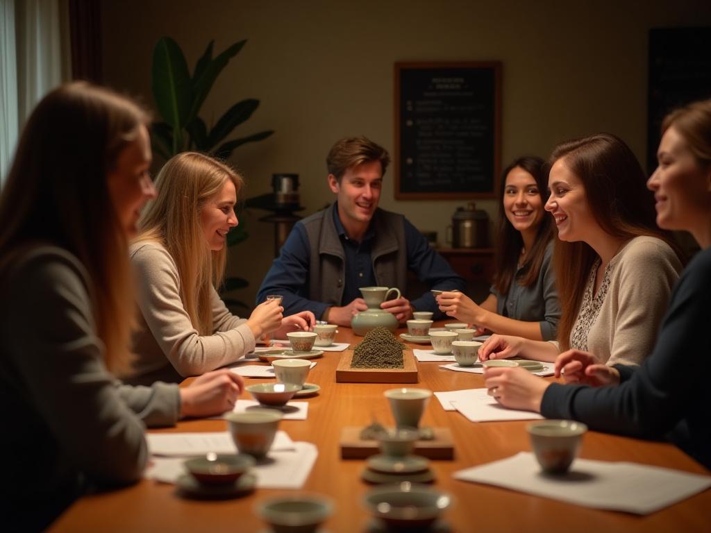 Tea kóstoló workshop, emberek ülnek egy asztalnál és különböző teákat kóstolnak