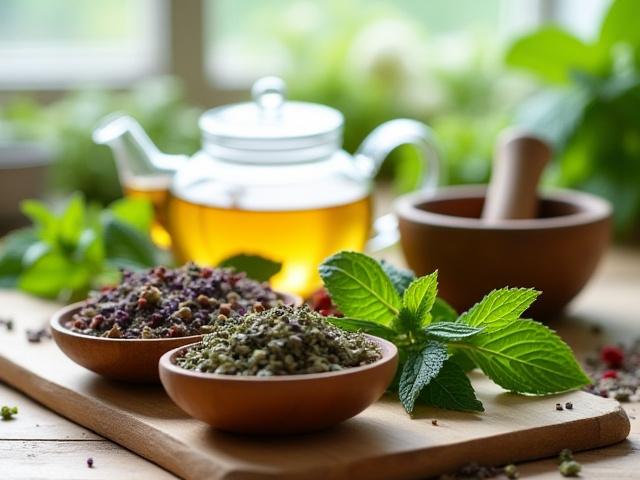 Szárított gyógynövények és friss menta levelek teához, egy fából készült asztalon