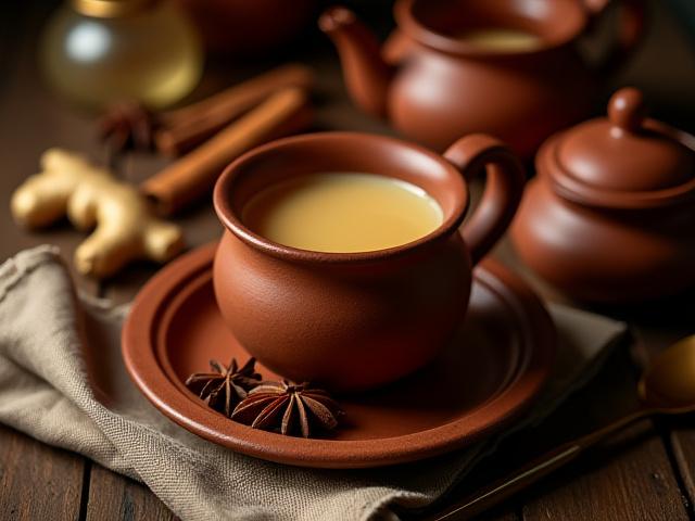 Indiai Chai Teáskészlet egy asztalon, teáskannával és fűszerekkel