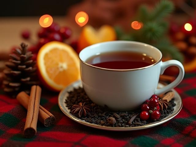 Karácsonyi tea fűszerekkel, mint például fahéj, szegfűszeg, narancsszeletek egy bögrében