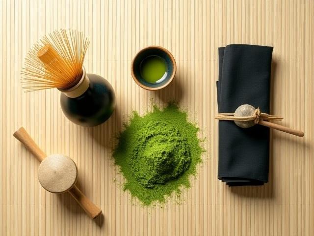 Japán Matcha tea ceremónia kellékei: bambusz ecset, kerámia tál, zöld matcha por