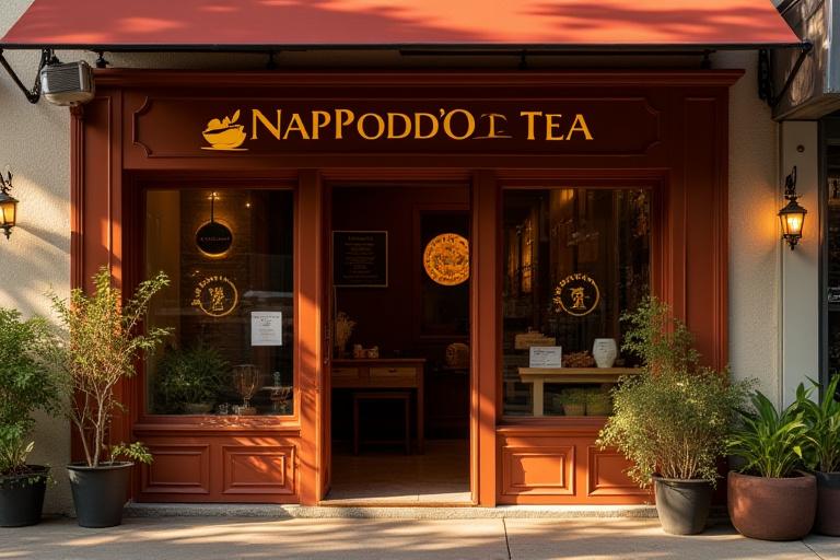 Napforduló Tea teaház bejárata meleg fényekkel.