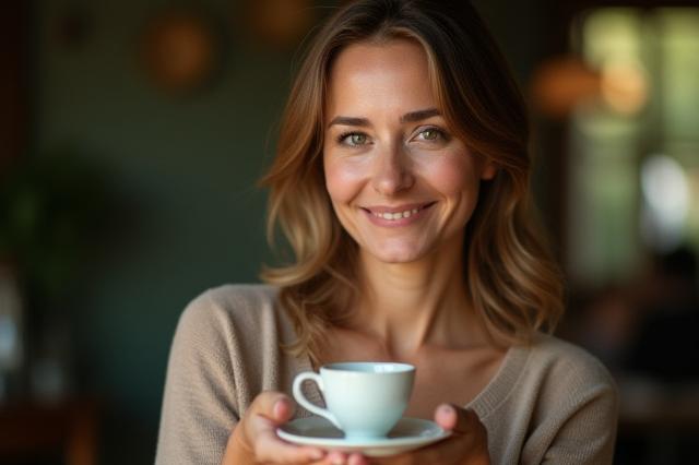 Kovács Eszter, a Napforduló Tea alapítója egy teáscsészével a kezében, mosolyogva